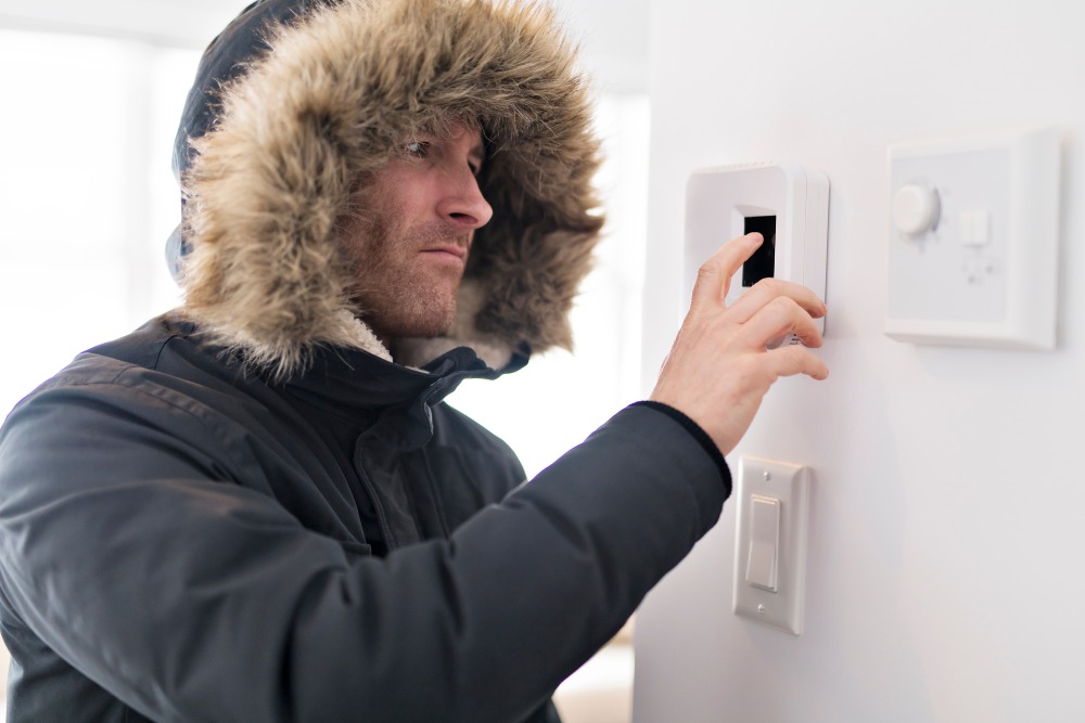 A man in a parka adjusting the thermostat
