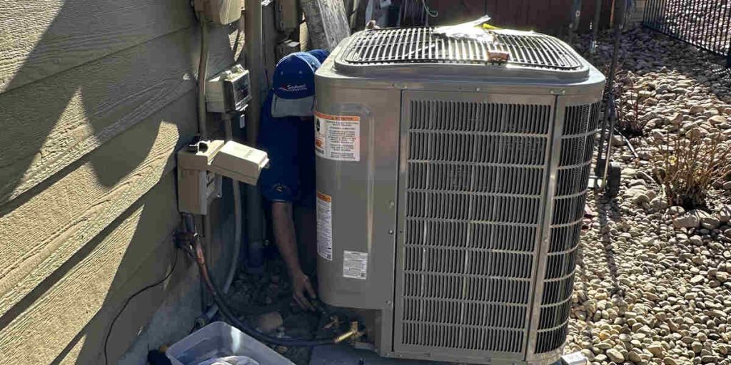 HVAC technician working on an outdoor air conditioning unit